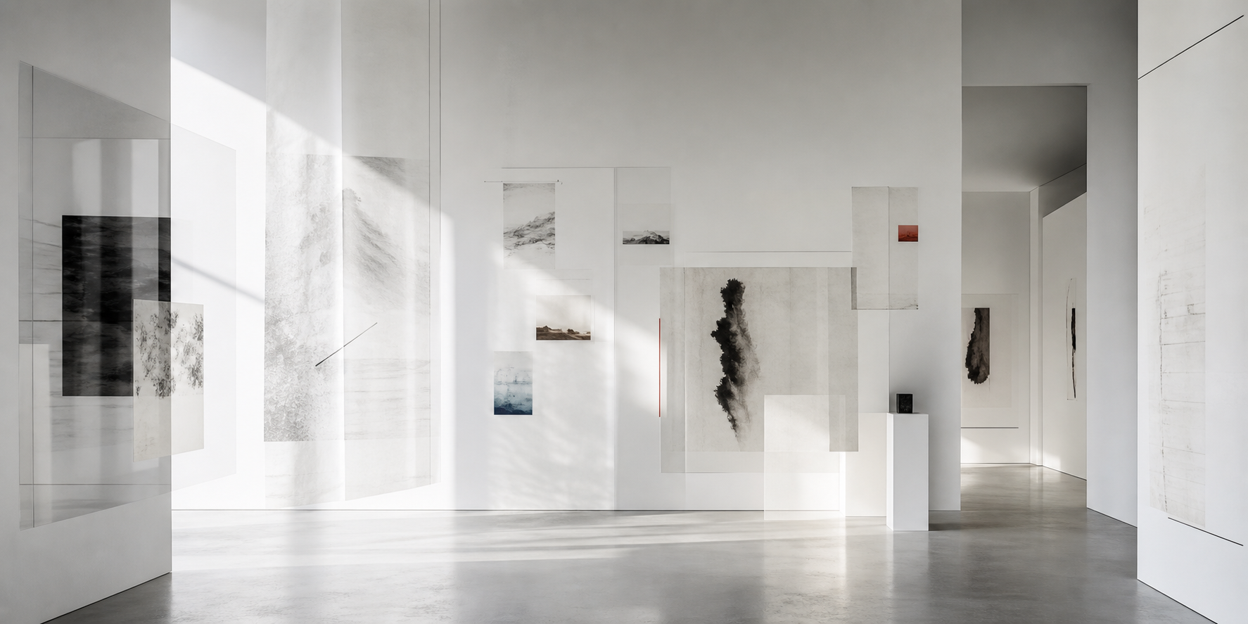 Minimal white gallery installation with translucent artwork panels